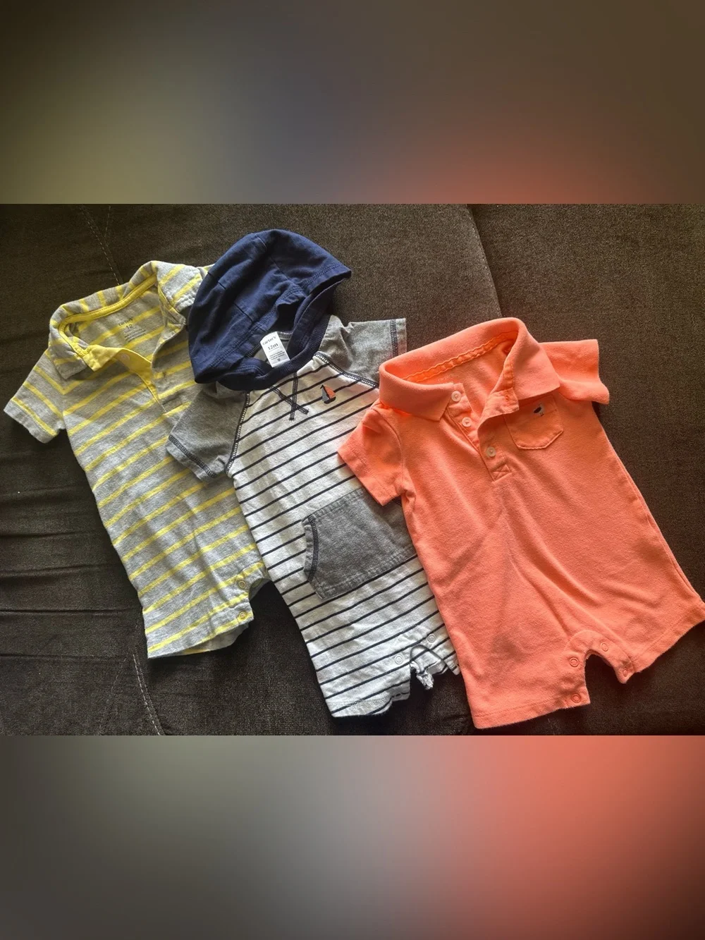 3 Carter’s  Rompers - Yellow Stripe, Gray Stripe with Navy Hood, Coral Polo
